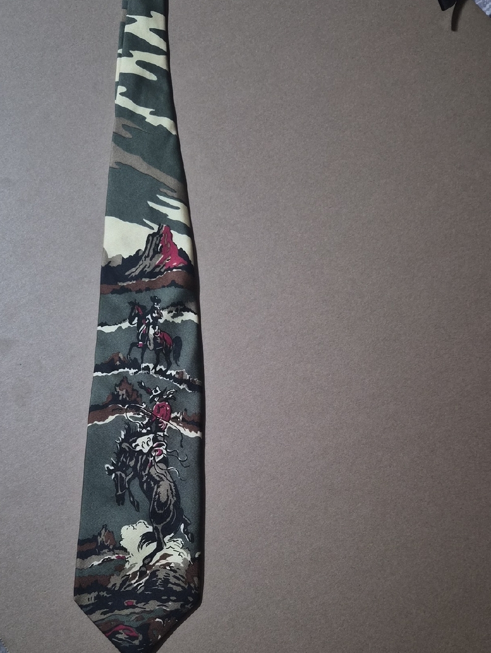 Till Goodan .Western Scene Printed Men's Tie in Green, Brown and Red